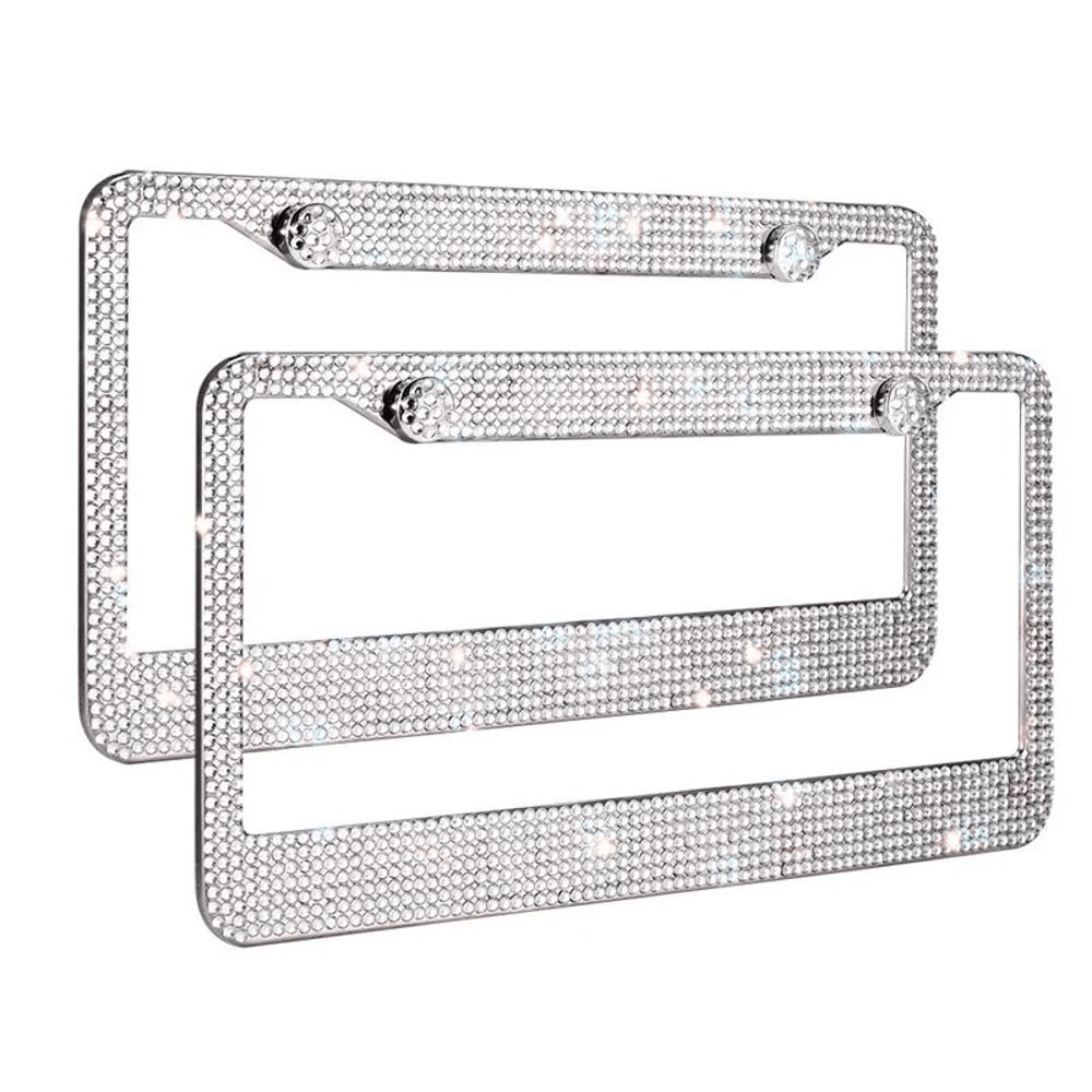 Bling License Plate Frame With Rhinestones Stainless Steel Sparkly Car Tag Holder 0