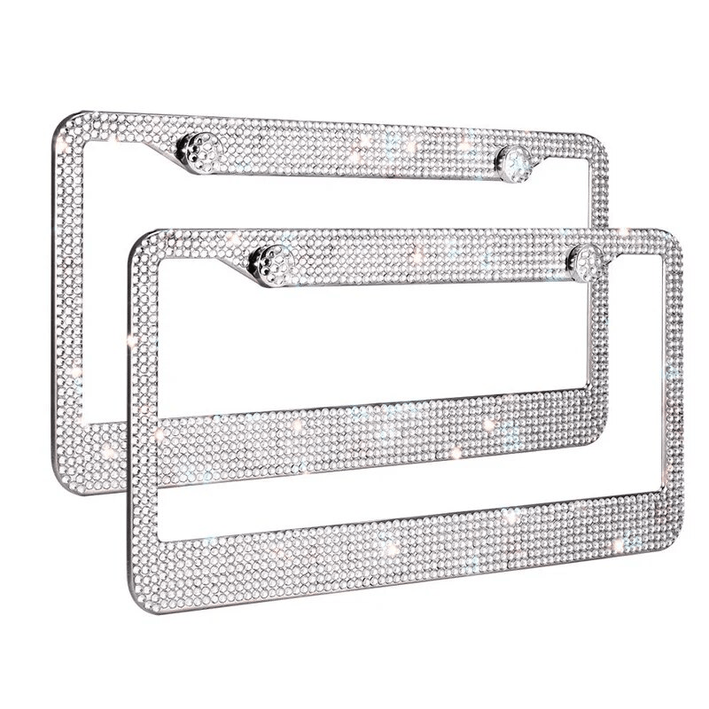 Bling License Plate Frame With Rhinestones Stainless Steel Sparkly Car Tag Holder 0