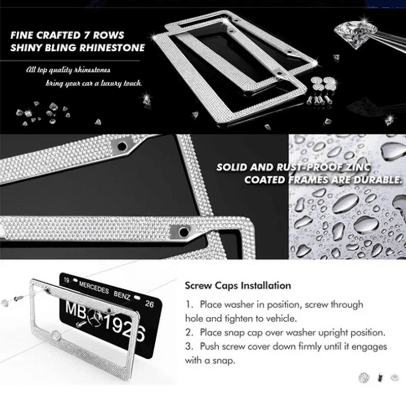 Bling License Plate Frame With Rhinestones Stainless Steel Sparkly Car Tag Holder 4