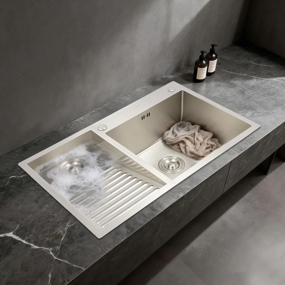 Stainless Steel Laundry Sink With Washboard Dual Basin Utility Sink For Laundry Room 6