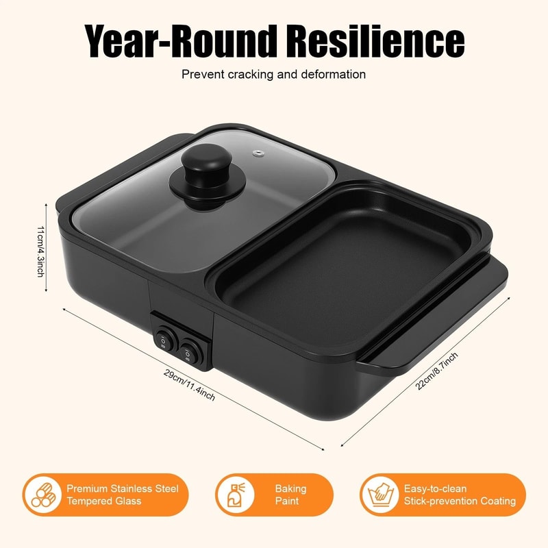 Electric Hot Pot With Grill NonStick Korean BBQ Shabu Shabu Cooker 10