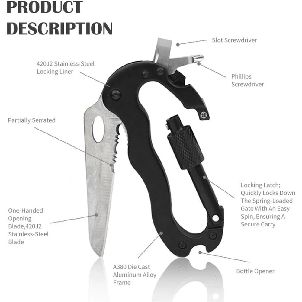 EDC Carabiner Multitool Keychain With Pocket Knife And Bottle Opener 6