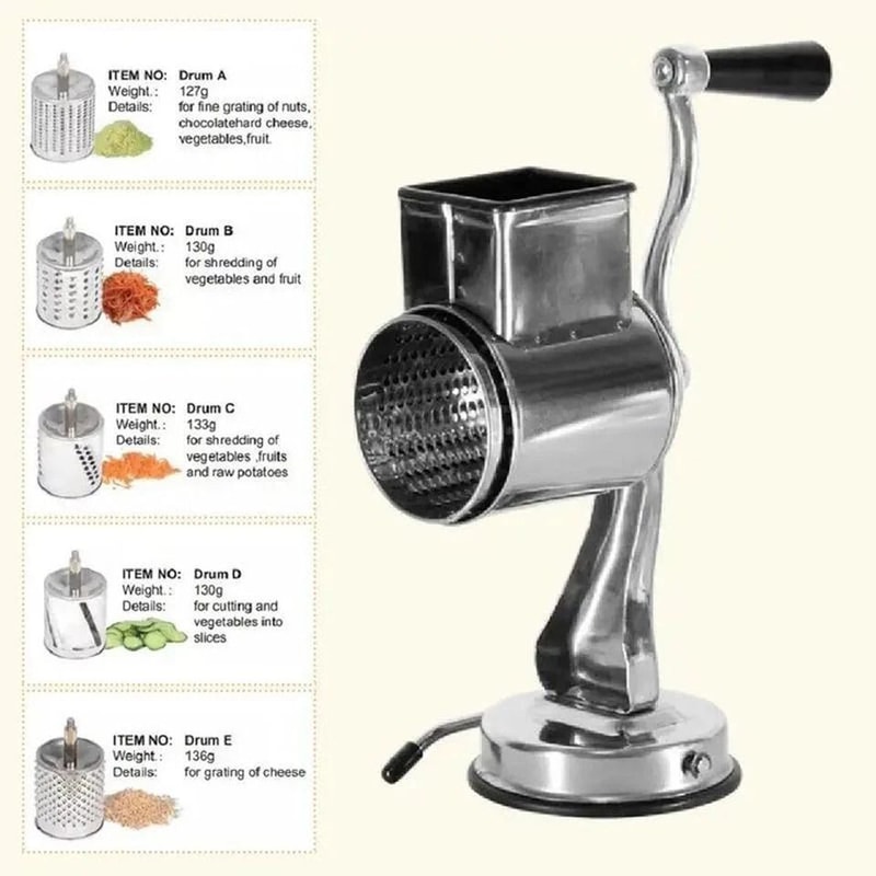 Stainless Steel Rotary Cheese Grater Hand Crank Vegetable Drum Slicer 3
