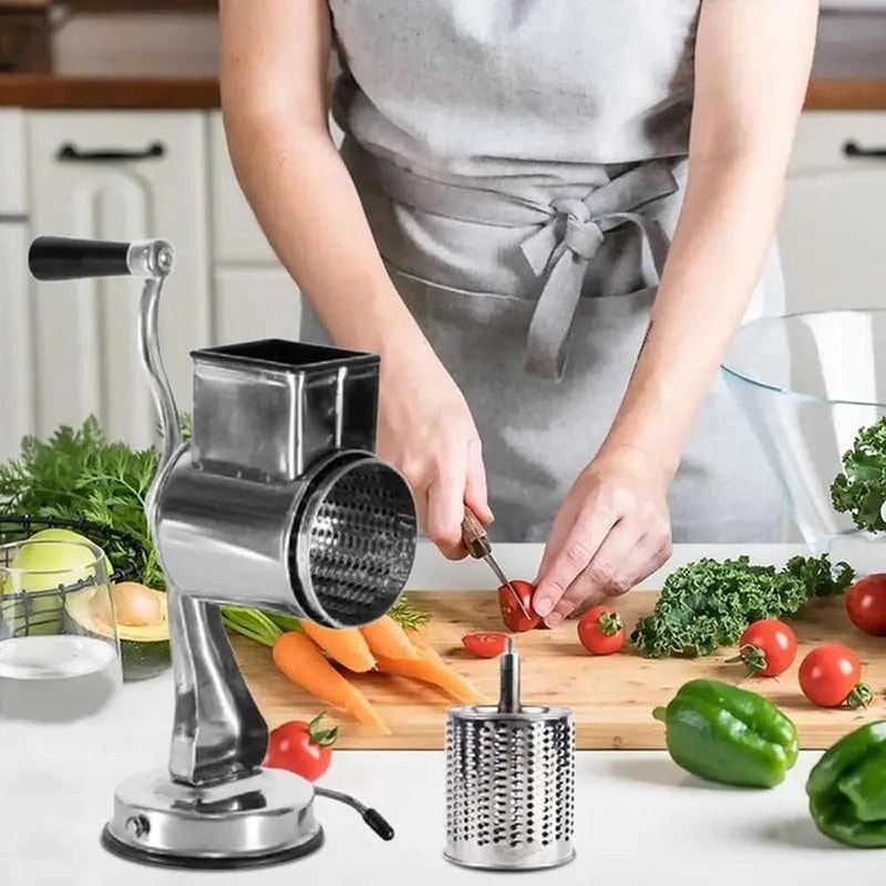 Stainless Steel Rotary Cheese Grater Hand Crank Vegetable Drum Slicer 0