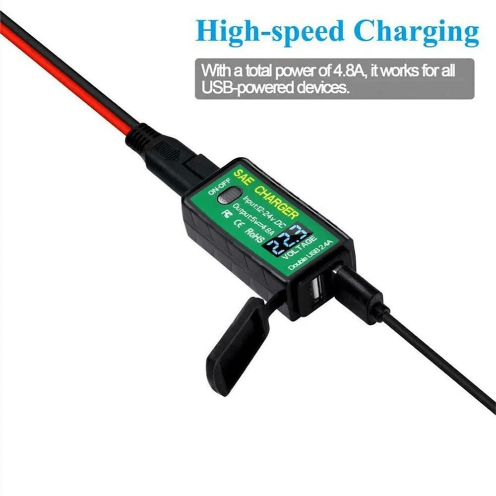 Waterproof Motorcycle USB Charger SAE To Dual USB Adapter With Voltmeter For ATV UTV 2