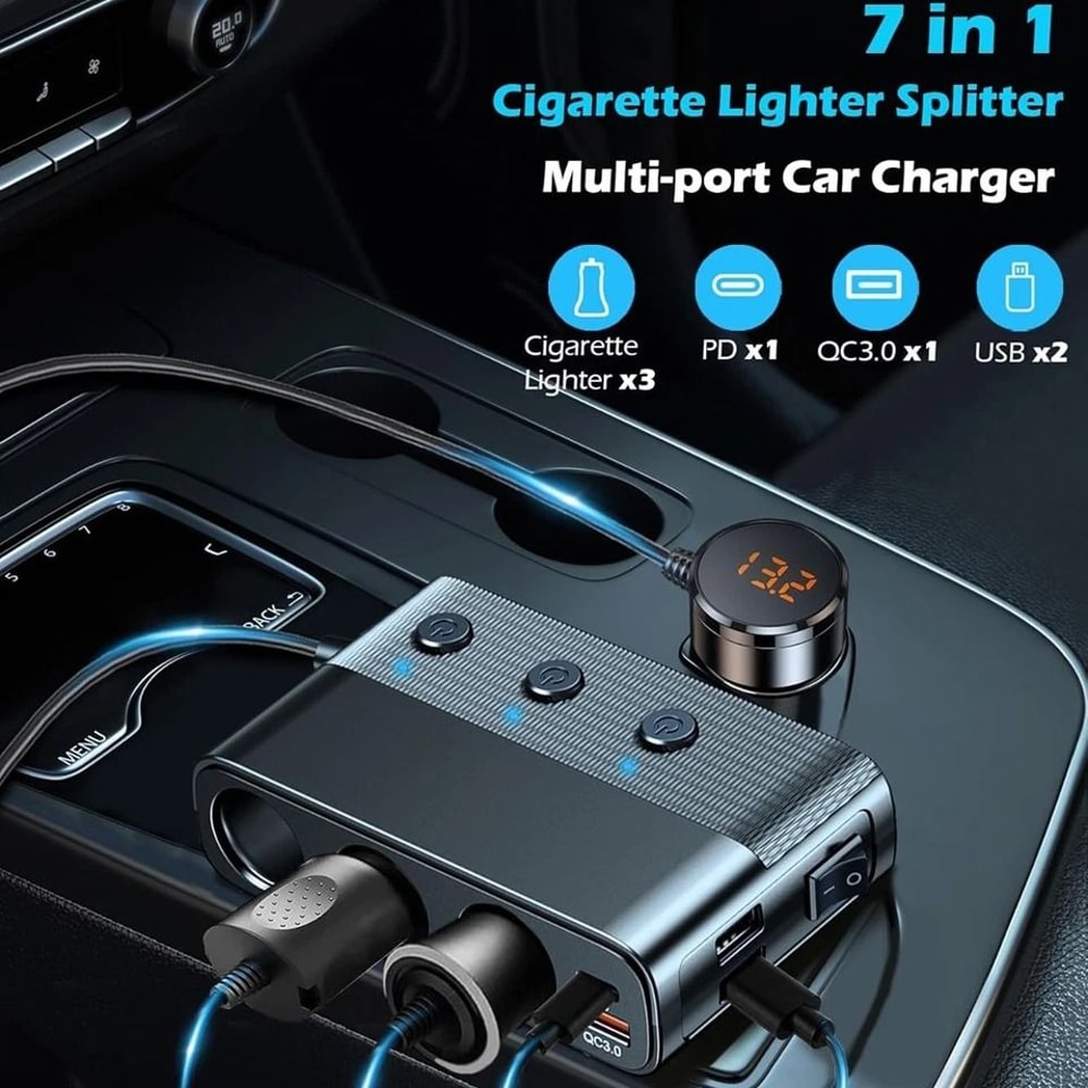Car Cigarette Lighter Splitter With USB C Fast Charging And LED Voltmeter 1