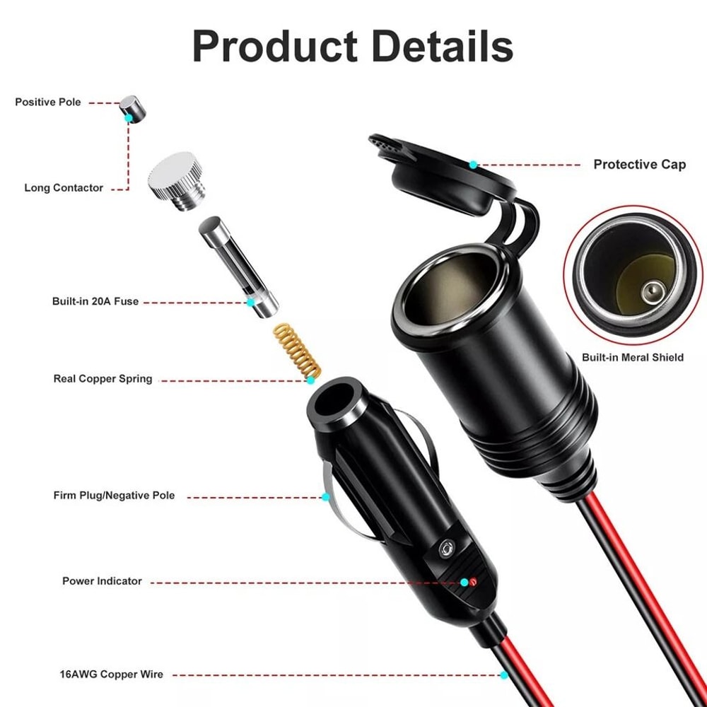 Heavy Duty Car Cigarette Lighter Extension Cord Socket Adapter 2