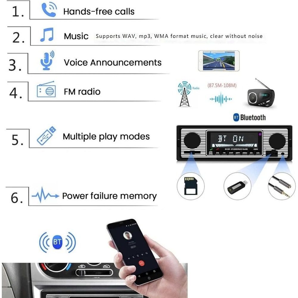 Classic Bluetooth Vintage Car Radio USB AUX Stereo 2