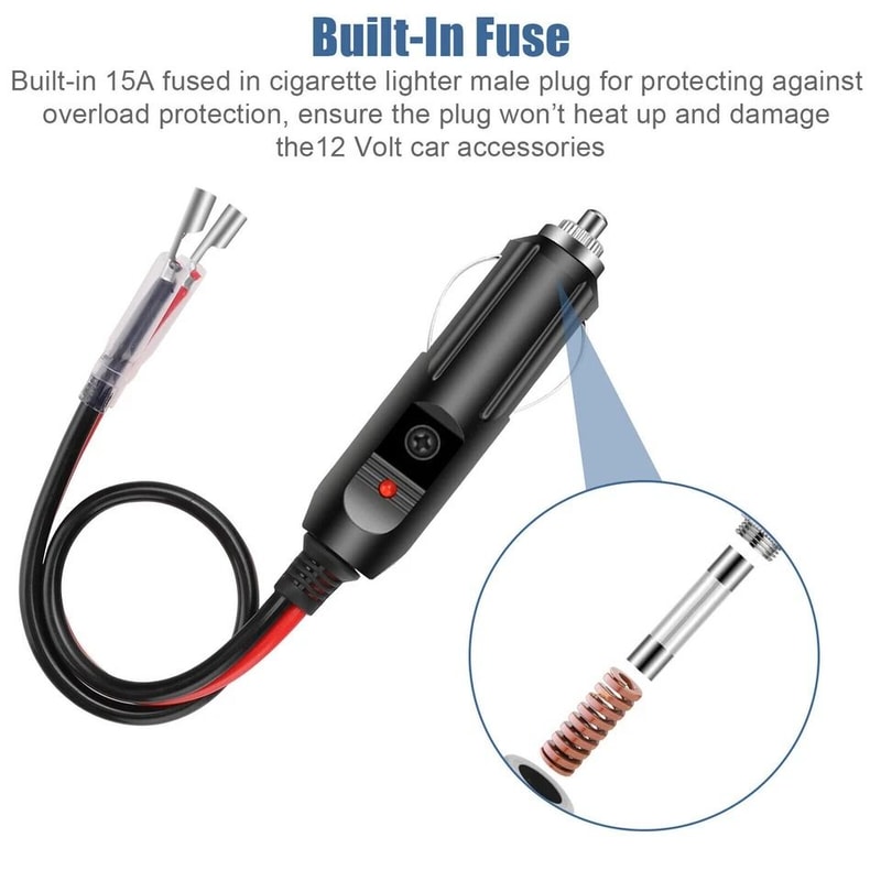 Fused Cigarette Lighter Male Plug Adapter With LED Leads 2