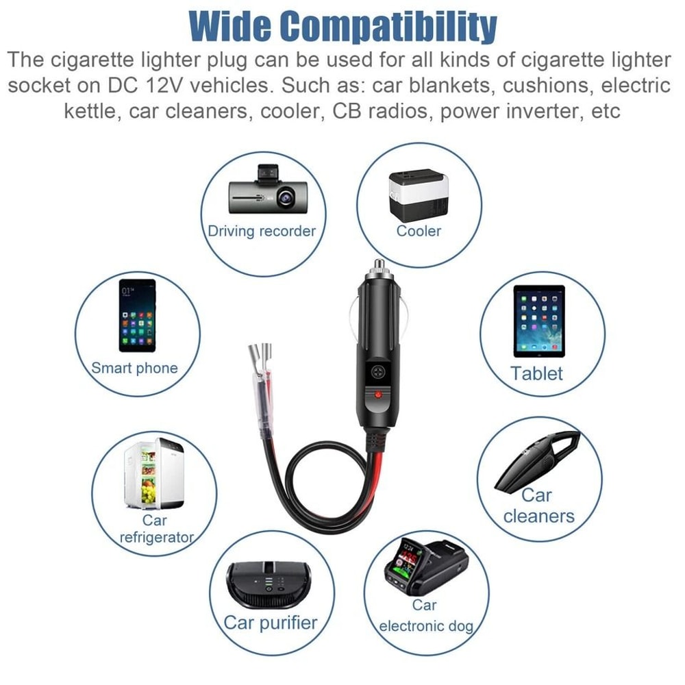 Fused Cigarette Lighter Male Plug Adapter With LED Leads 3