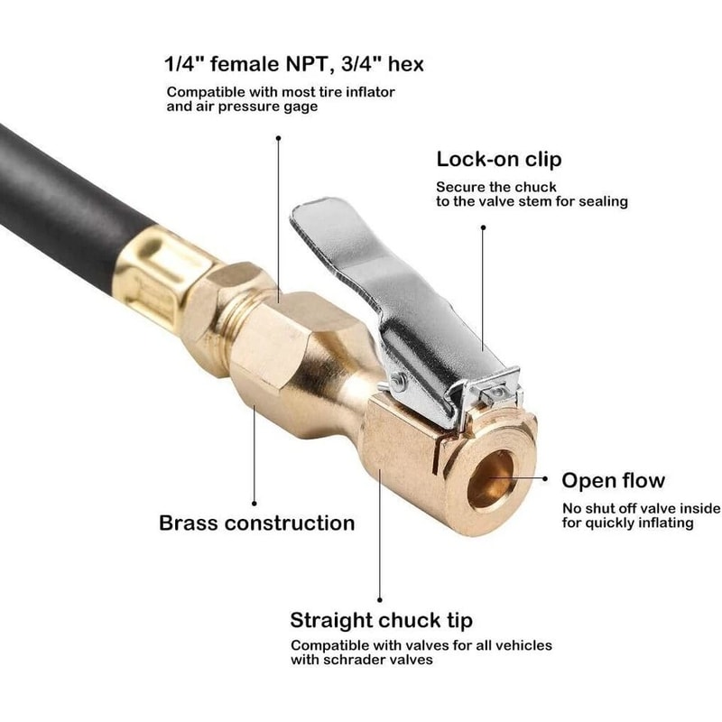 Brass Lock On Air Chuck NPT Open Flow Tire Inflator Clip 3