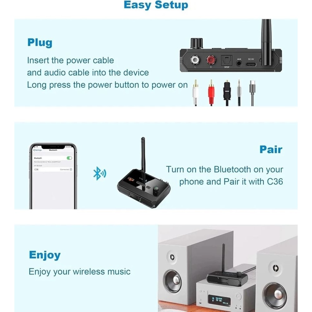 Bluetooth Audio Receiver With RCA AUX USB Optical Adapter 5