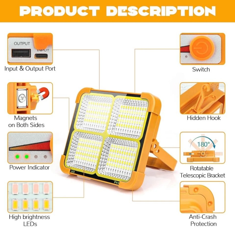 Solar Work Light 100W Rechargeable LED Camping Light 5
