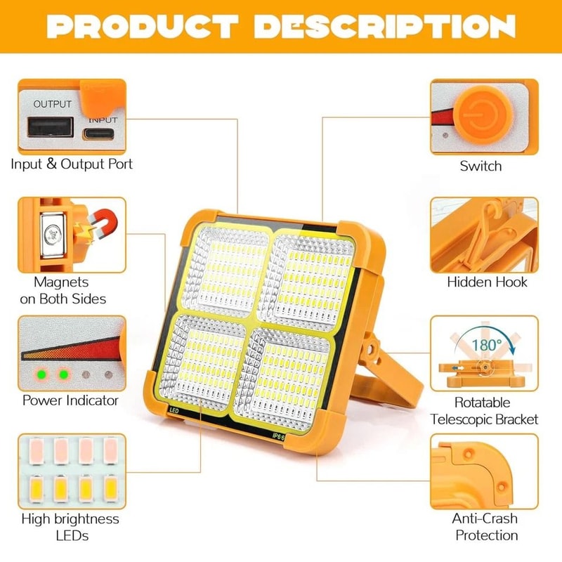Solar Work Light 100W Rechargeable LED Camping Light 5