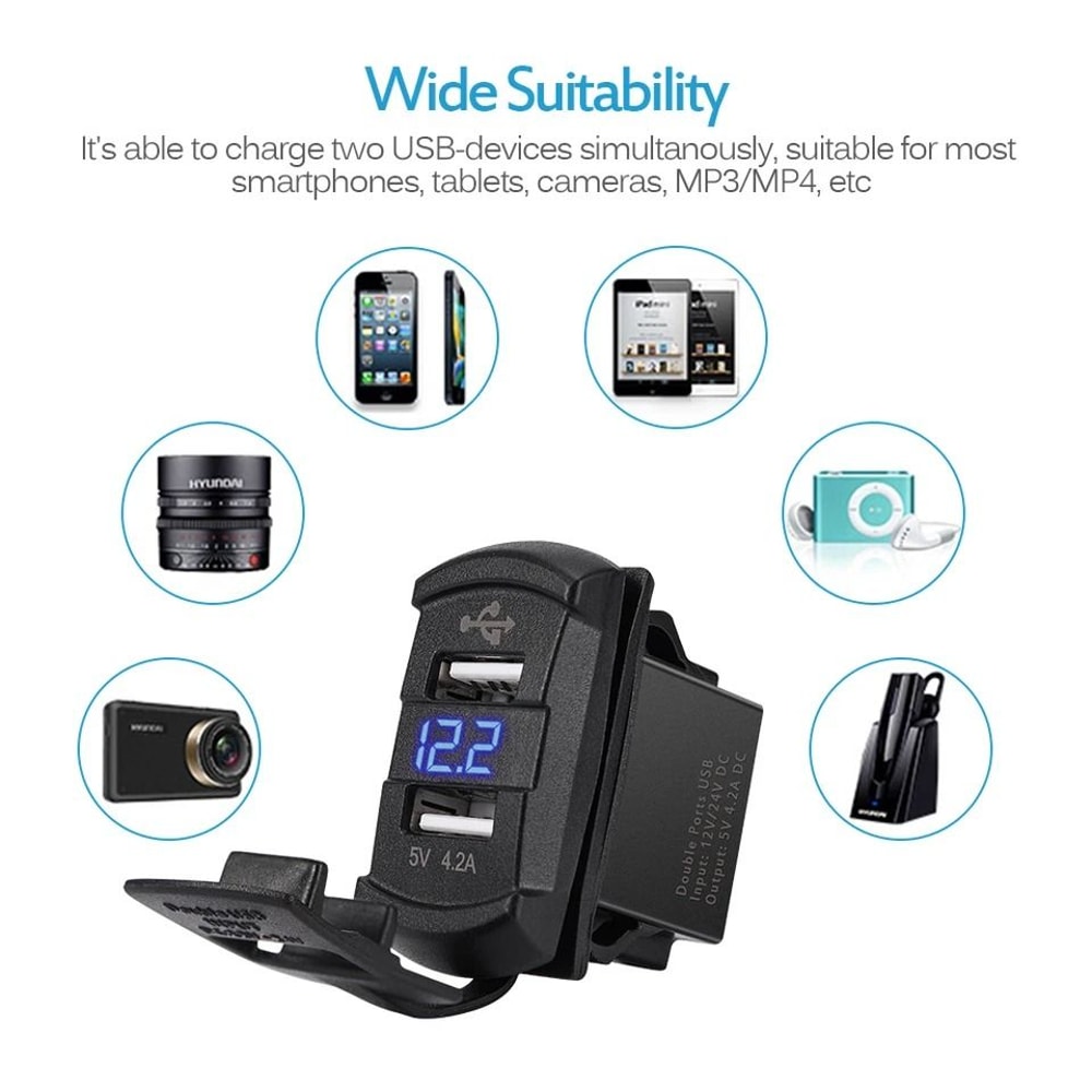 Dual USB Car Charger With Voltmeter Fast Charge Rocker Switch Panel For Truck Van 3