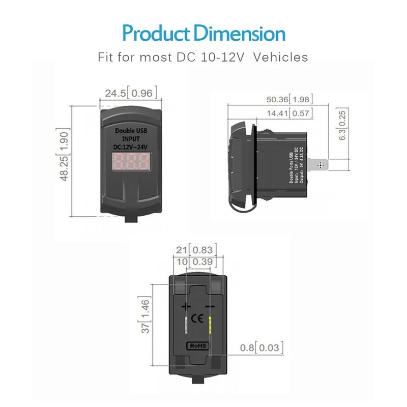 Dual USB Car Charger With Voltmeter Fast Charge Rocker Switch Panel For Truck Van 6