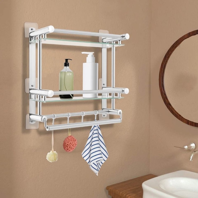 Tempered Glass Bathroom Shelf Wall Mounted Stainless Steel Rack 1