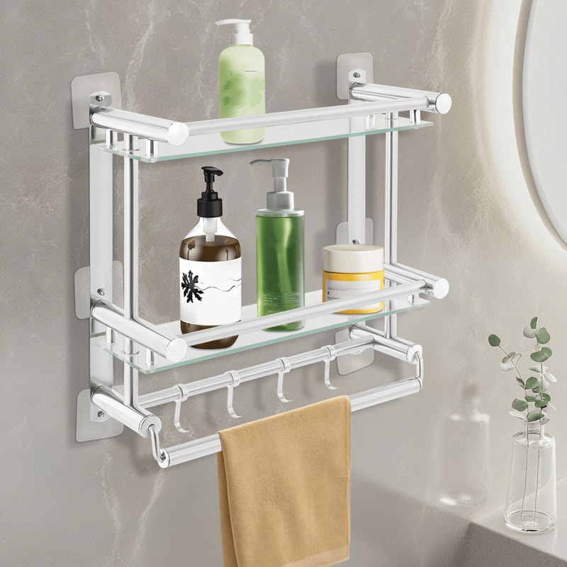 Tempered Glass Bathroom Shelf Wall Mounted Stainless Steel Rack 0