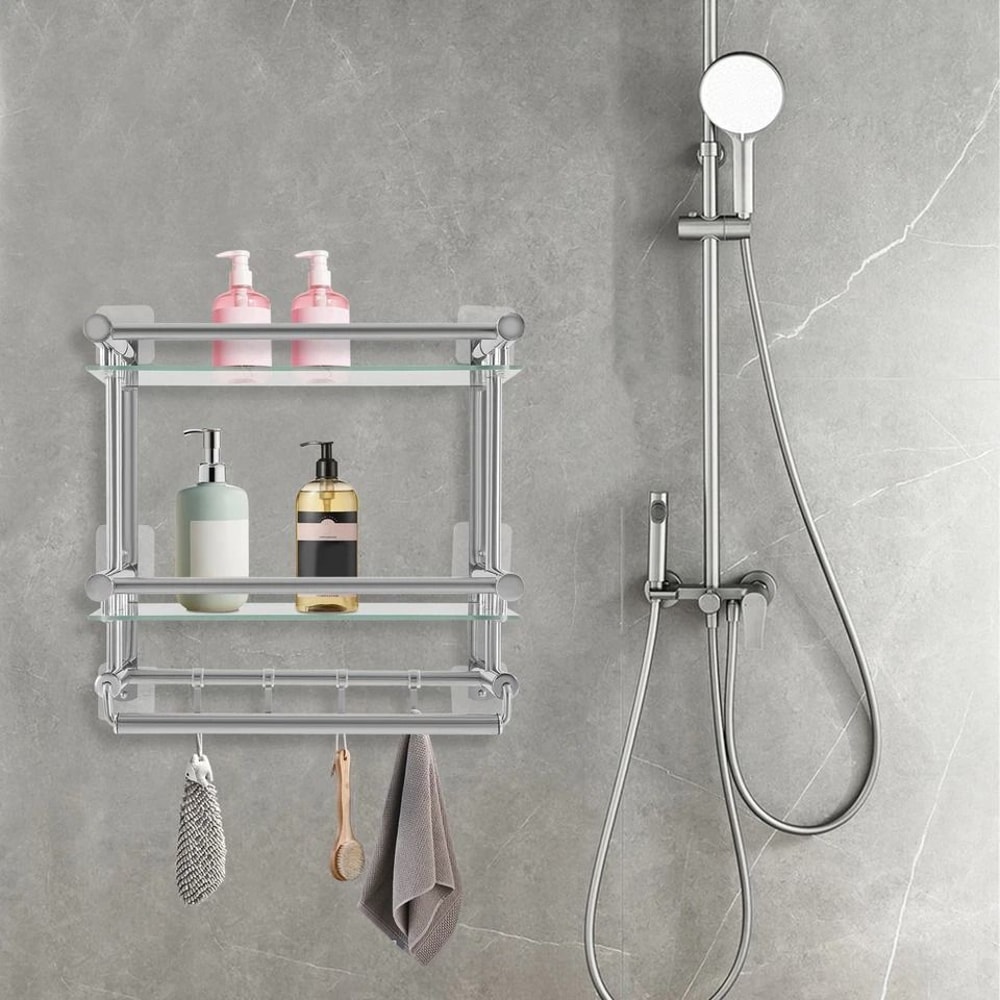 Tempered Glass Bathroom Shelf Wall Mounted Stainless Steel Rack 3