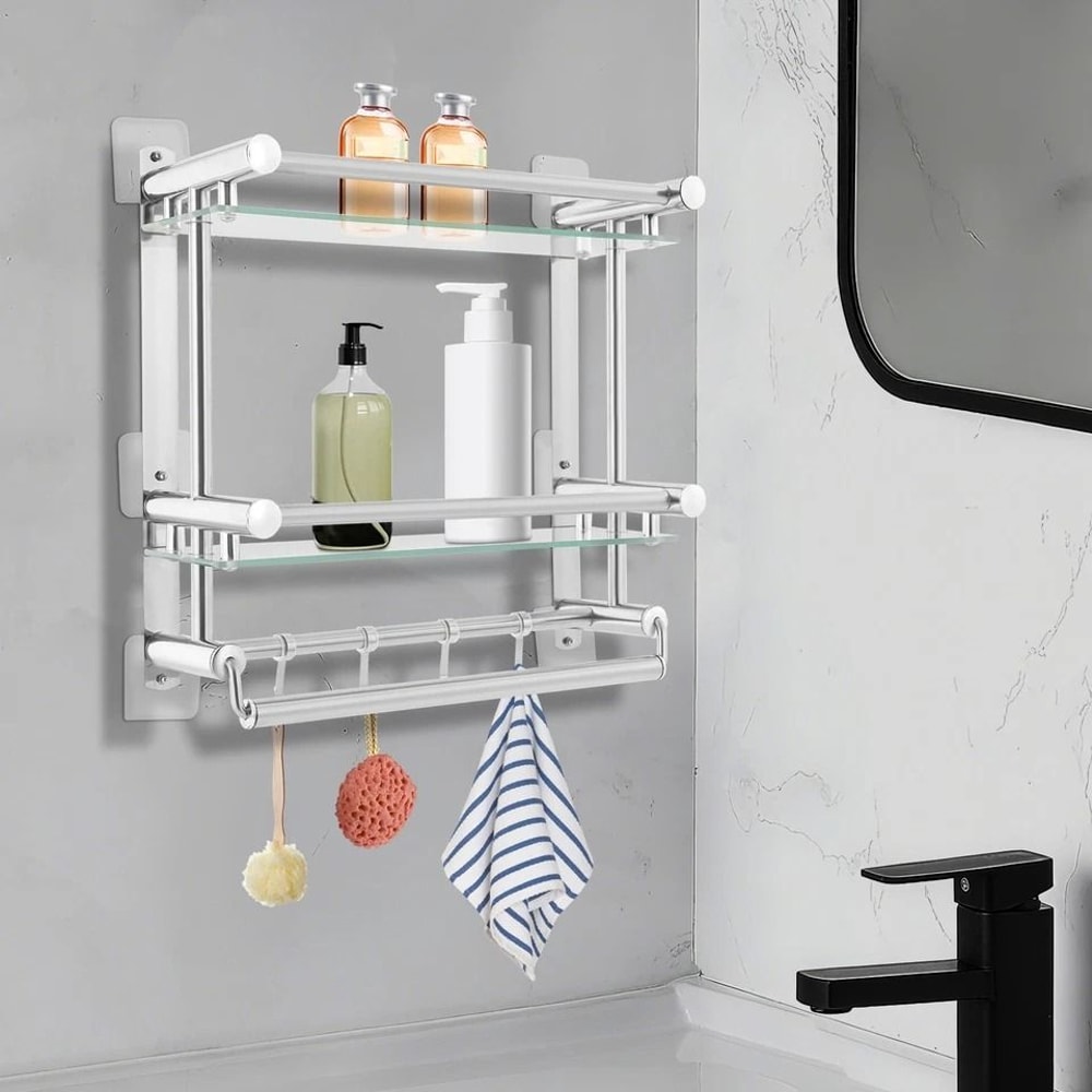 Tempered Glass Bathroom Shelf Wall Mounted Stainless Steel Rack 4