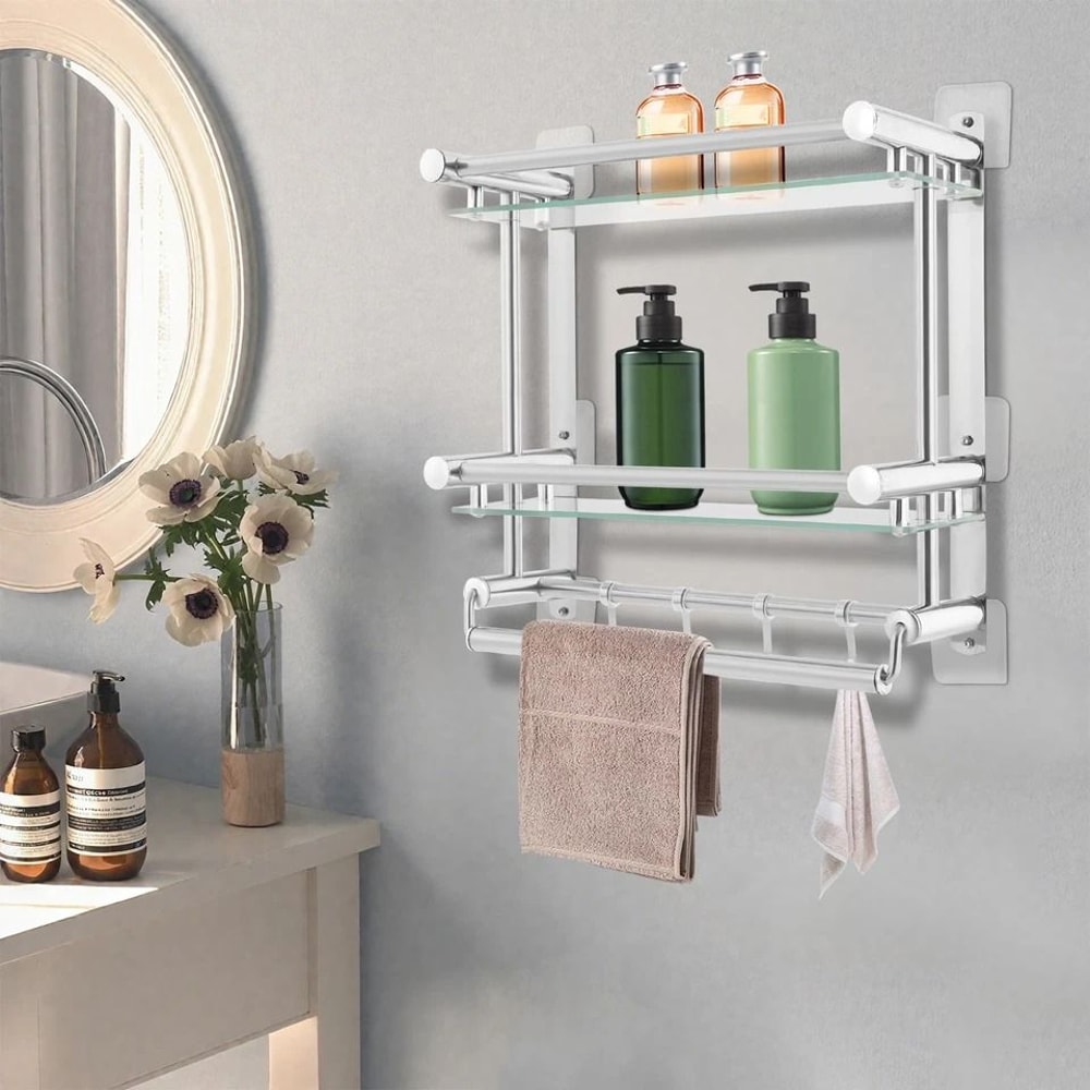 Tempered Glass Bathroom Shelf Wall Mounted Stainless Steel Rack 5