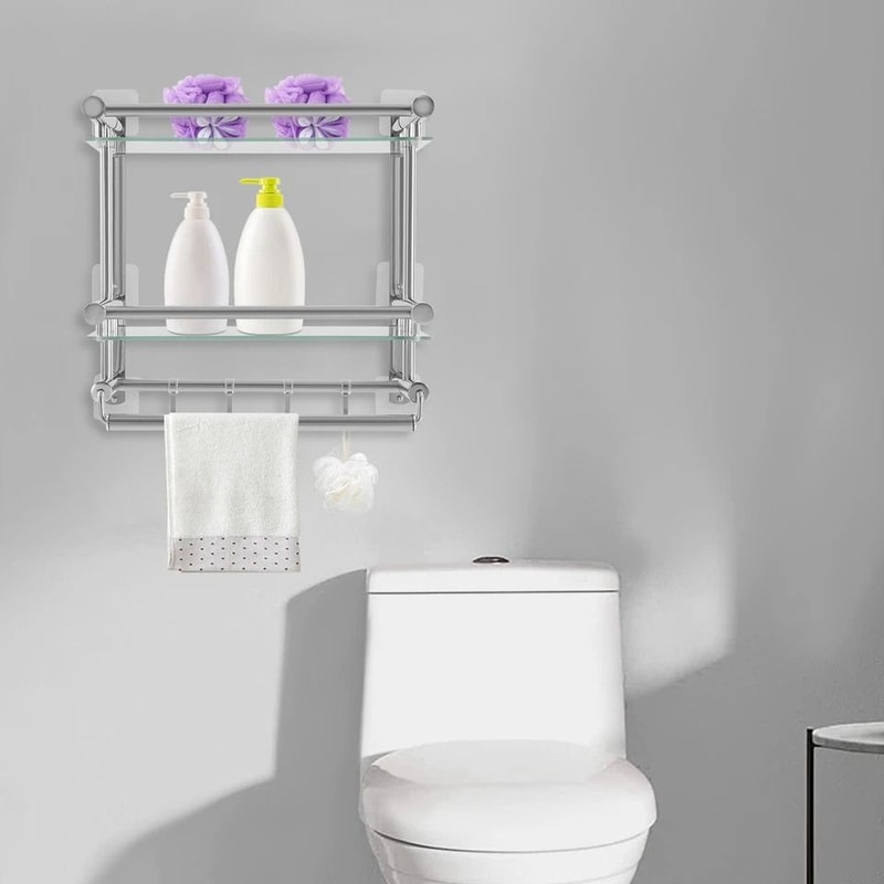 Tempered Glass Bathroom Shelf Wall Mounted Stainless Steel Rack 6