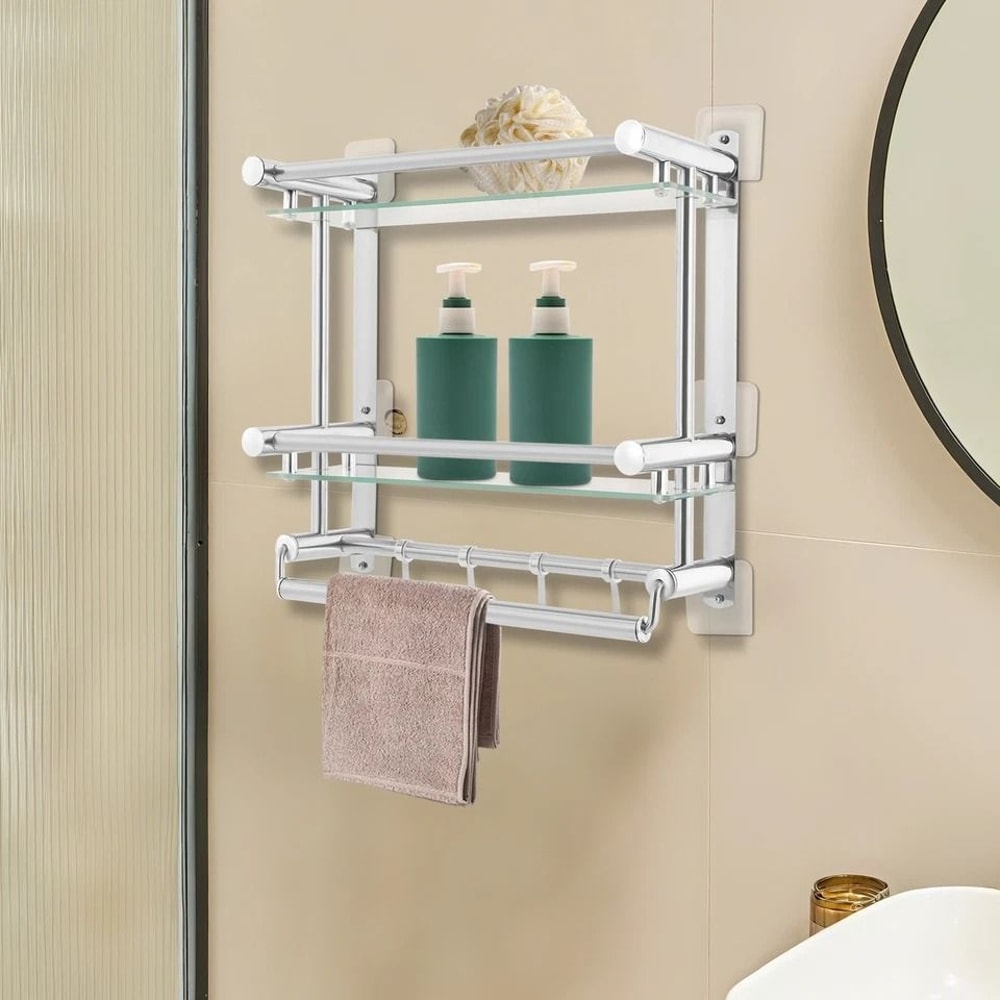 Tempered Glass Bathroom Shelf Wall Mounted Stainless Steel Rack 7