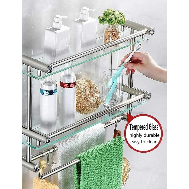 WallMounted Bathroom Shelf With Glass Countertop Towel Rack Stainless Steel Storage 5