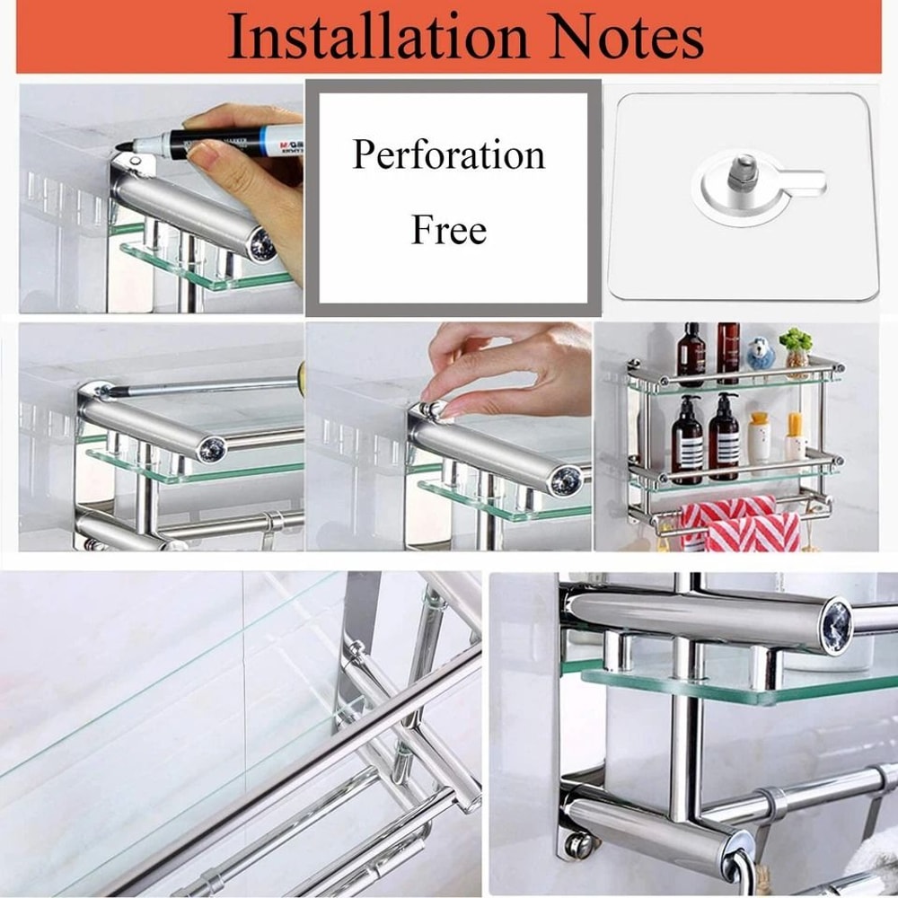 WallMounted Bathroom Shelf With Glass Countertop Towel Rack Stainless Steel Storage 6