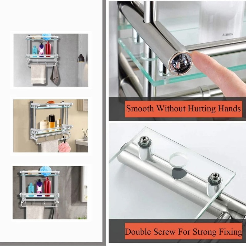 WallMounted Bathroom Shelf With Glass Countertop Towel Rack Stainless Steel Storage 7