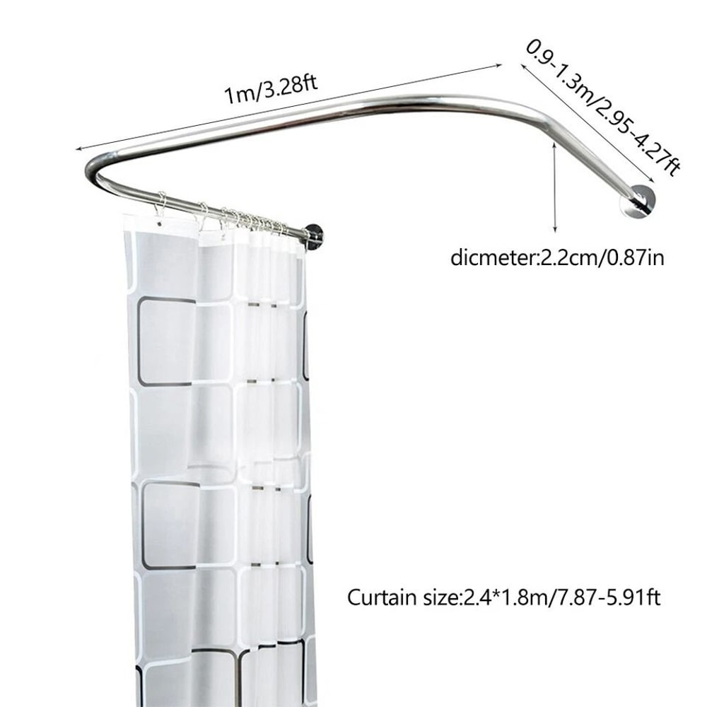 Adjustable UShaped Shower Rod NoDrill Stainless Steel Corner Curtain Rod 6