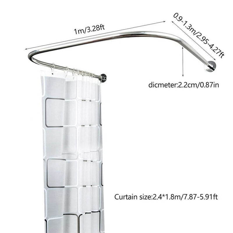Adjustable UShaped Shower Rod NoDrill Stainless Steel Corner Curtain Rod 6