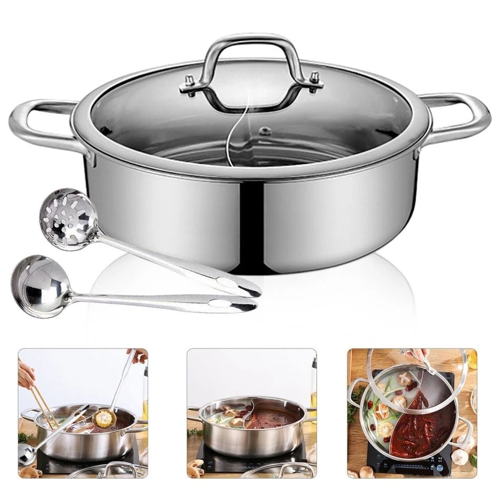Premium Stainless Steel Dual Sided Shabu Hot Pot With Lid Induction Compatible Hot Pot 8