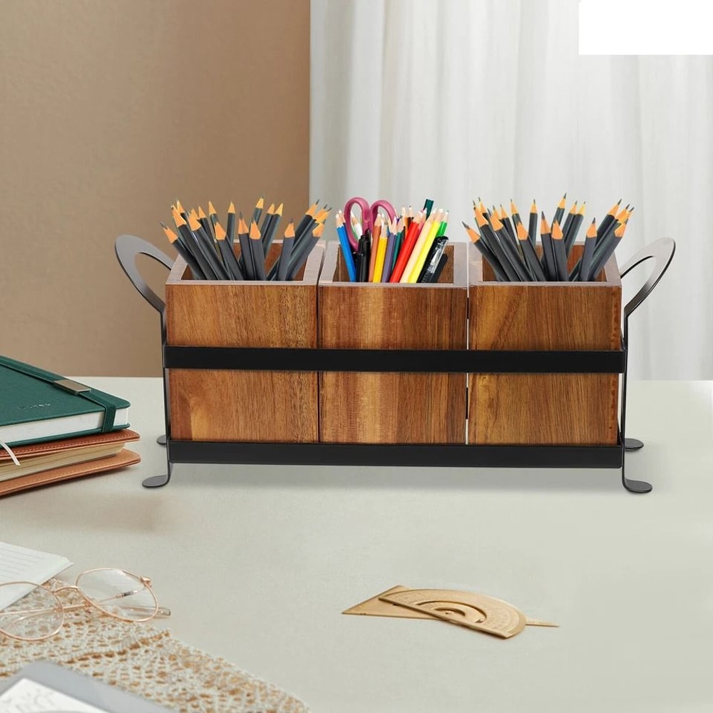 Rustic Wooden Kitchen Utensil Cutlery Organizer Holder Compartment Countertop Storage 1