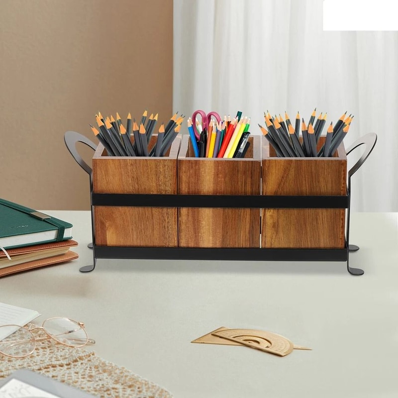 Rustic Wooden Kitchen Utensil Cutlery Organizer Holder Compartment Countertop Storage 1
