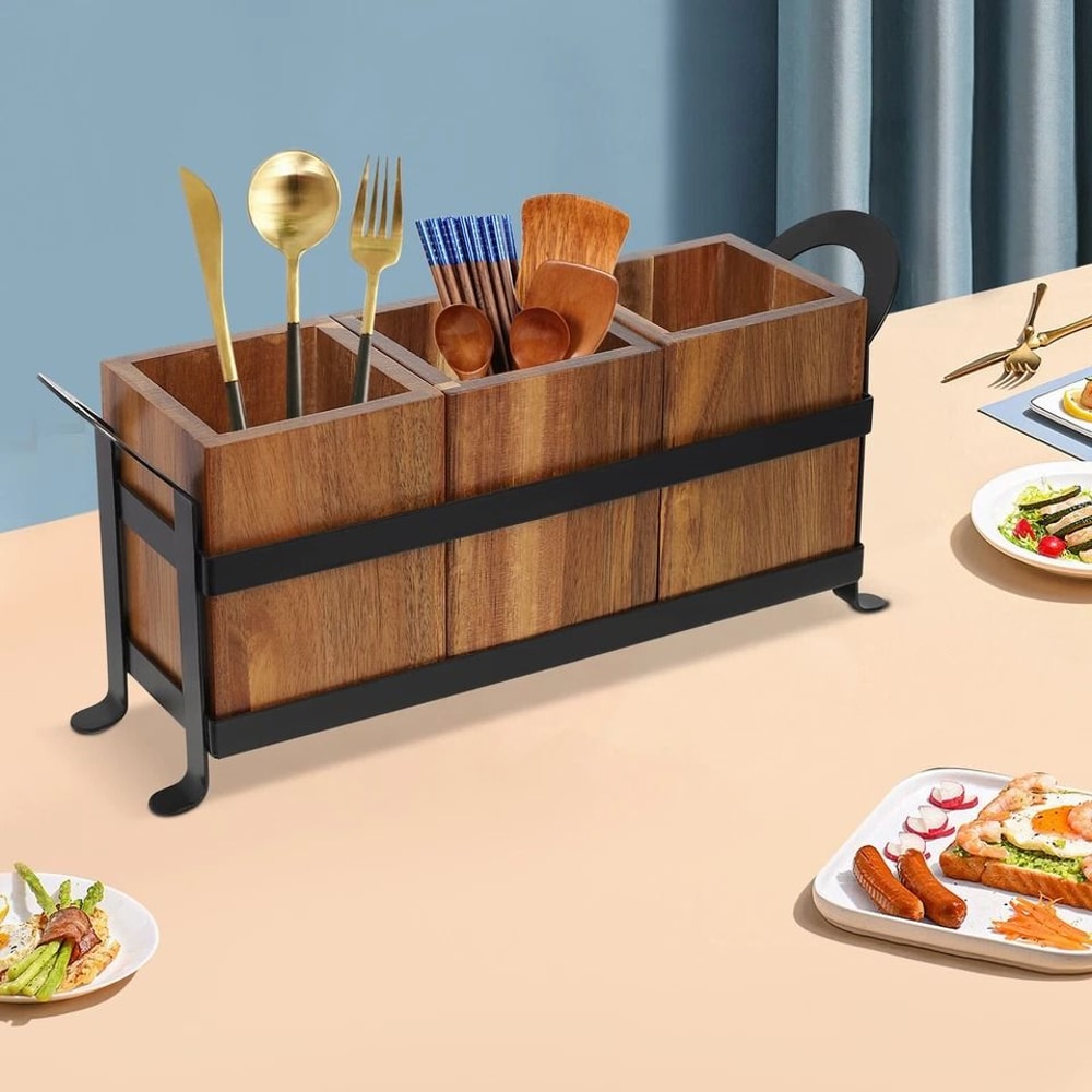 Rustic Wooden Kitchen Utensil Cutlery Organizer Holder Compartment Countertop Storage 2