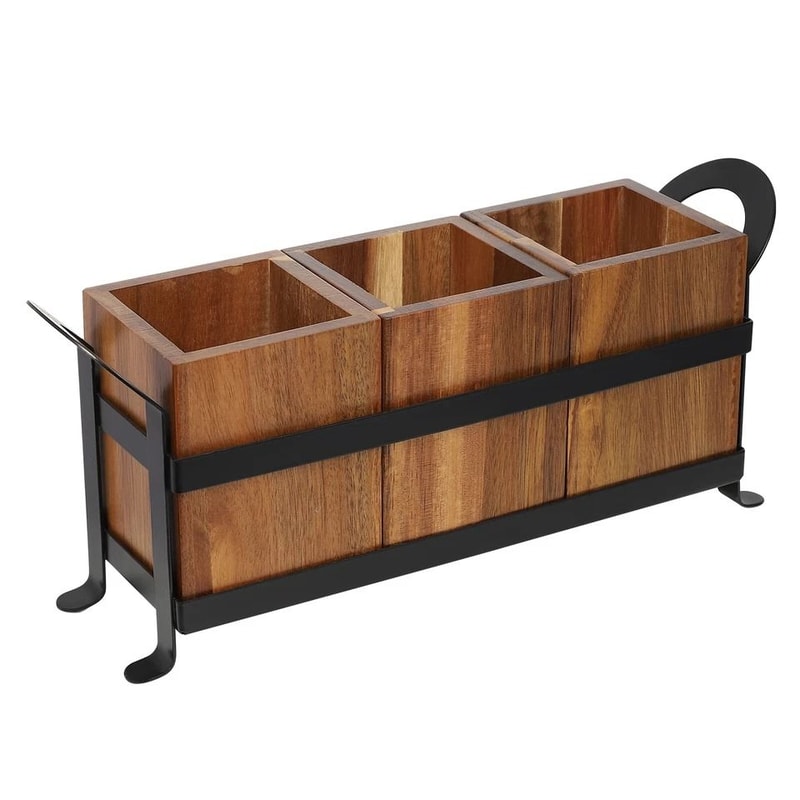 Rustic Wooden Kitchen Utensil Cutlery Organizer Holder Compartment Countertop Storage 4