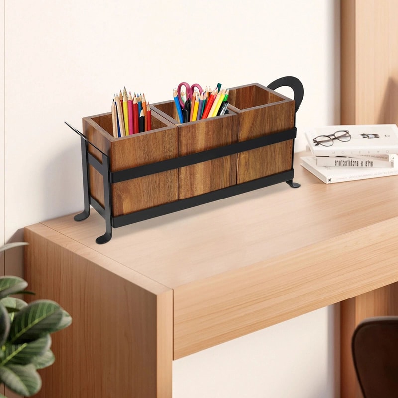 Rustic Wooden Kitchen Utensil Cutlery Organizer Holder Compartment Countertop Storage 9