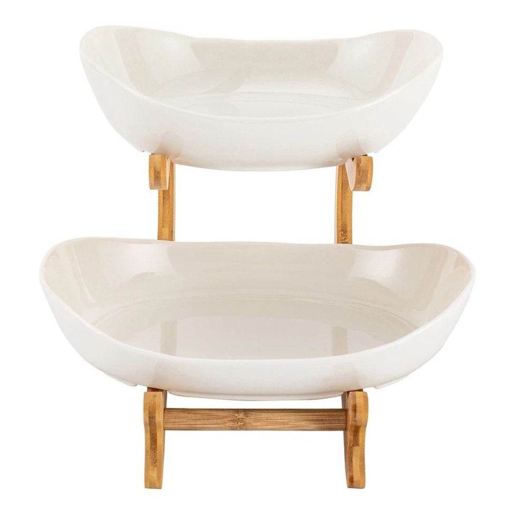 Fruit Basket Kitchen Counter Organizer Ceramic Bamboo Tiered Fruit Bowl 2