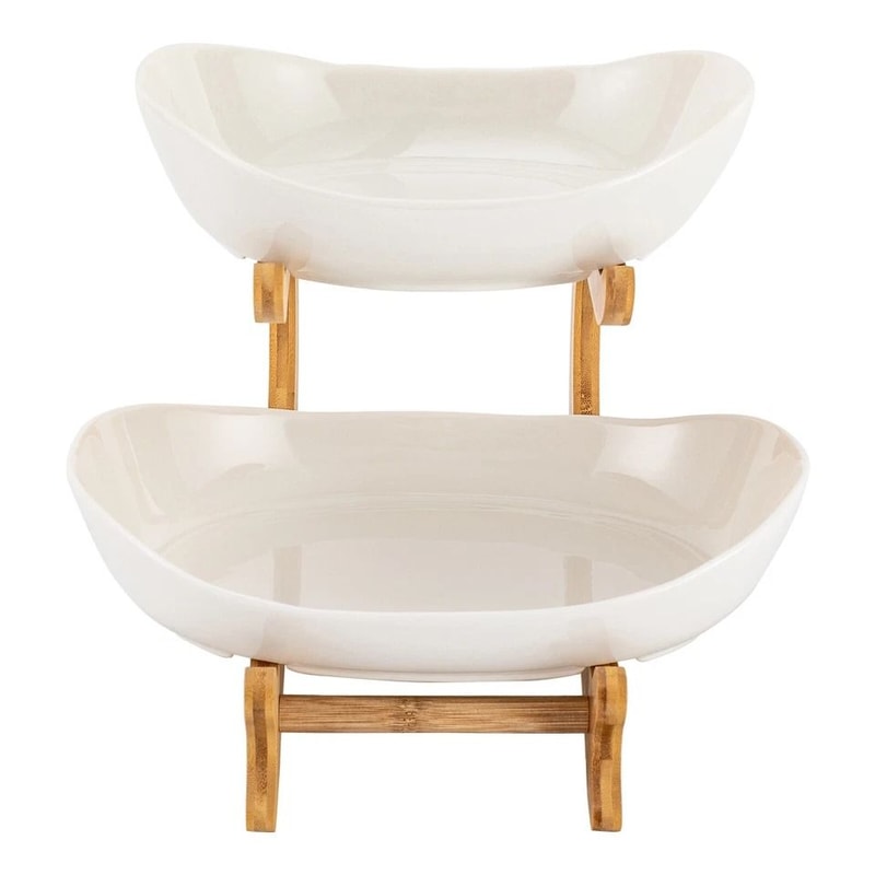 Fruit Basket Kitchen Counter Organizer Ceramic Bamboo Tiered Fruit Bowl 2
