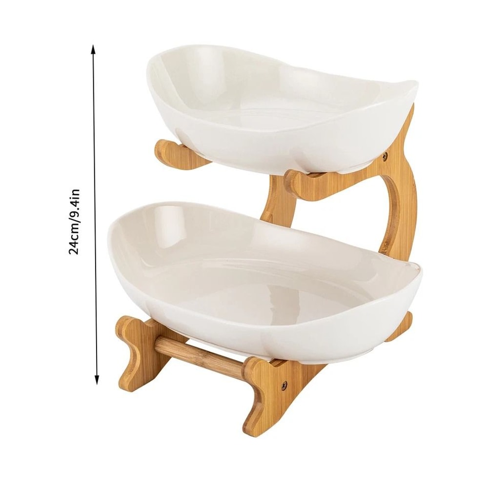 Fruit Basket Kitchen Counter Organizer Ceramic Bamboo Tiered Fruit Bowl 4