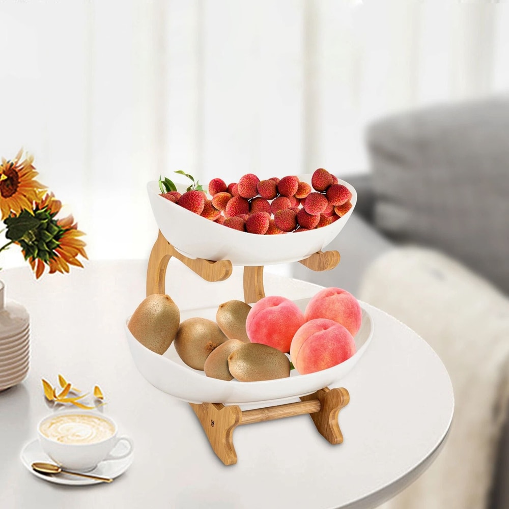Fruit Basket Kitchen Counter Organizer Ceramic Bamboo Tiered Fruit Bowl 6