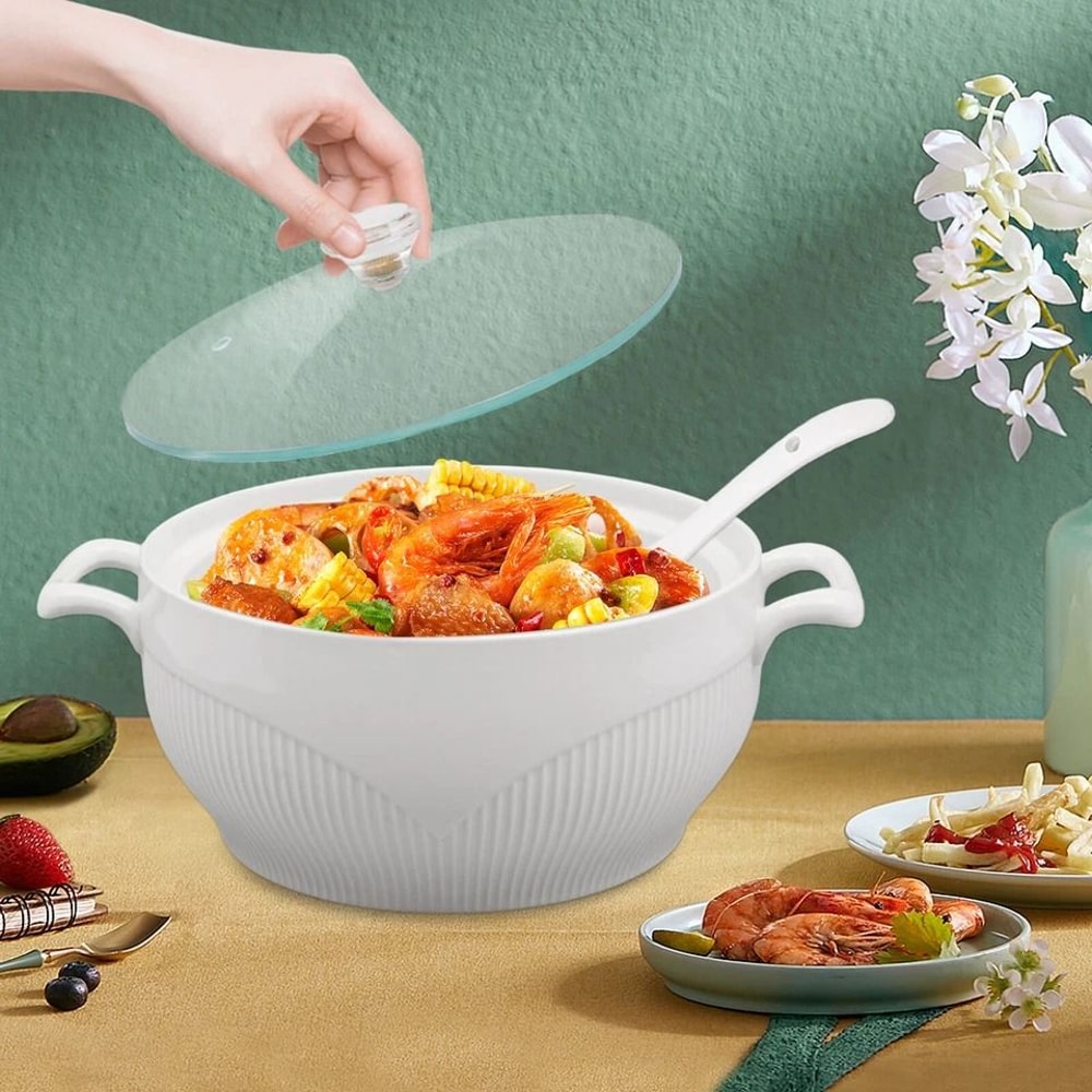 Elegant White Ceramic Soup Tureen With Glass Lid Ladle Durable Kitchen Serveware 2