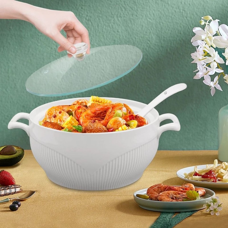 Elegant White Ceramic Soup Tureen With Glass Lid Ladle Durable Kitchen Serveware 2