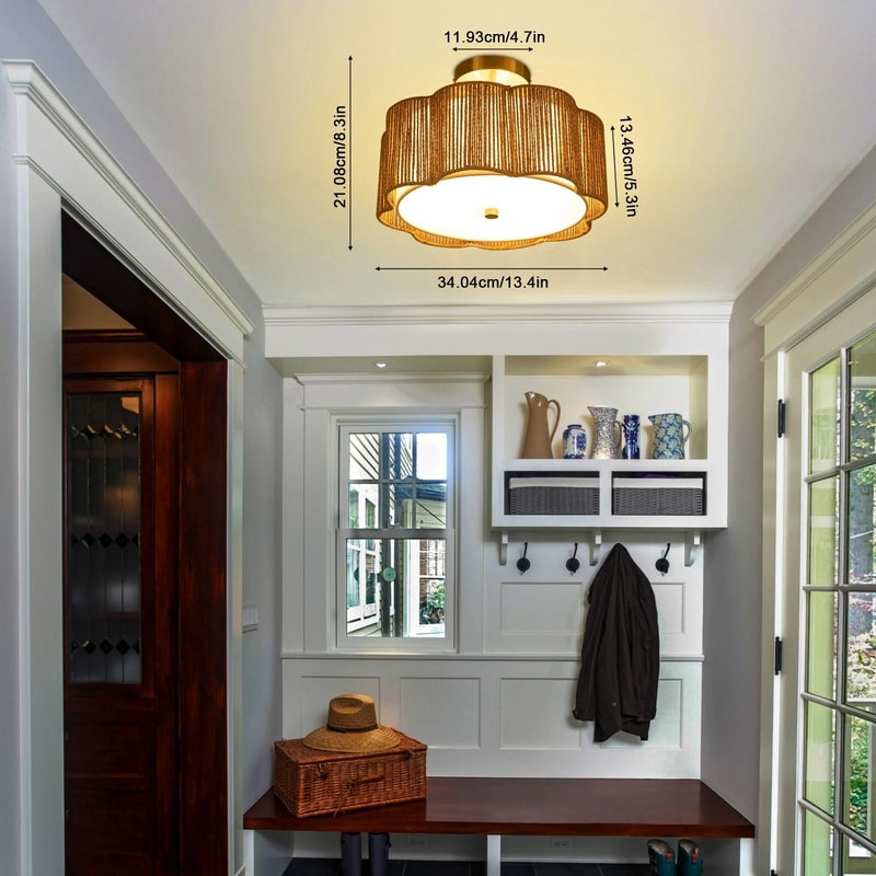 Rustic Rattan Ceiling Light Fixture Boho Flush Mount Chandelier Lamp 9