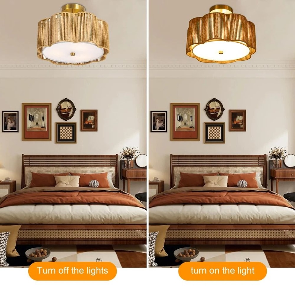 Rustic Rattan Ceiling Light Fixture Boho Flush Mount Chandelier Lamp 1