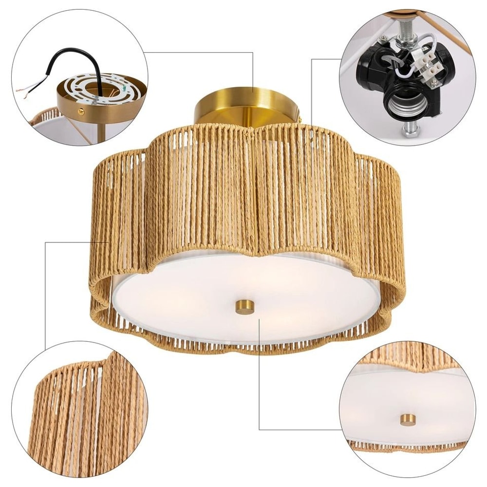 Rustic Rattan Ceiling Light Fixture Boho Flush Mount Chandelier Lamp 2