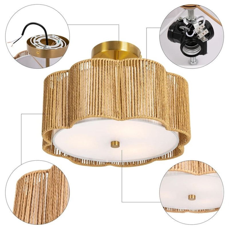 Rustic Rattan Ceiling Light Fixture Boho Flush Mount Chandelier Lamp 2