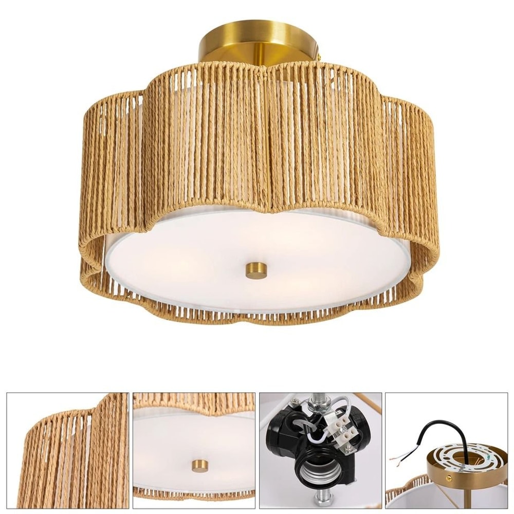Rustic Rattan Ceiling Light Fixture Boho Flush Mount Chandelier Lamp 3