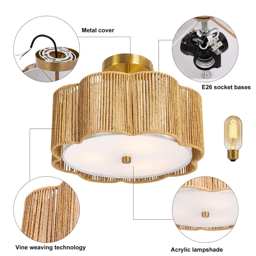 Rustic Rattan Ceiling Light Fixture Boho Flush Mount Chandelier Lamp 4